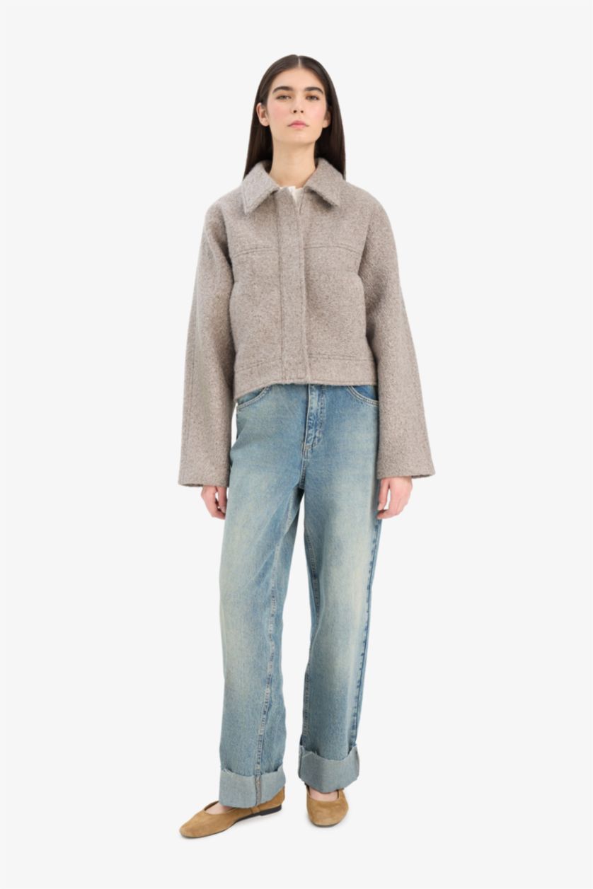 Kadın Gri Regular Fit Polo Yaka Kaşe Mont