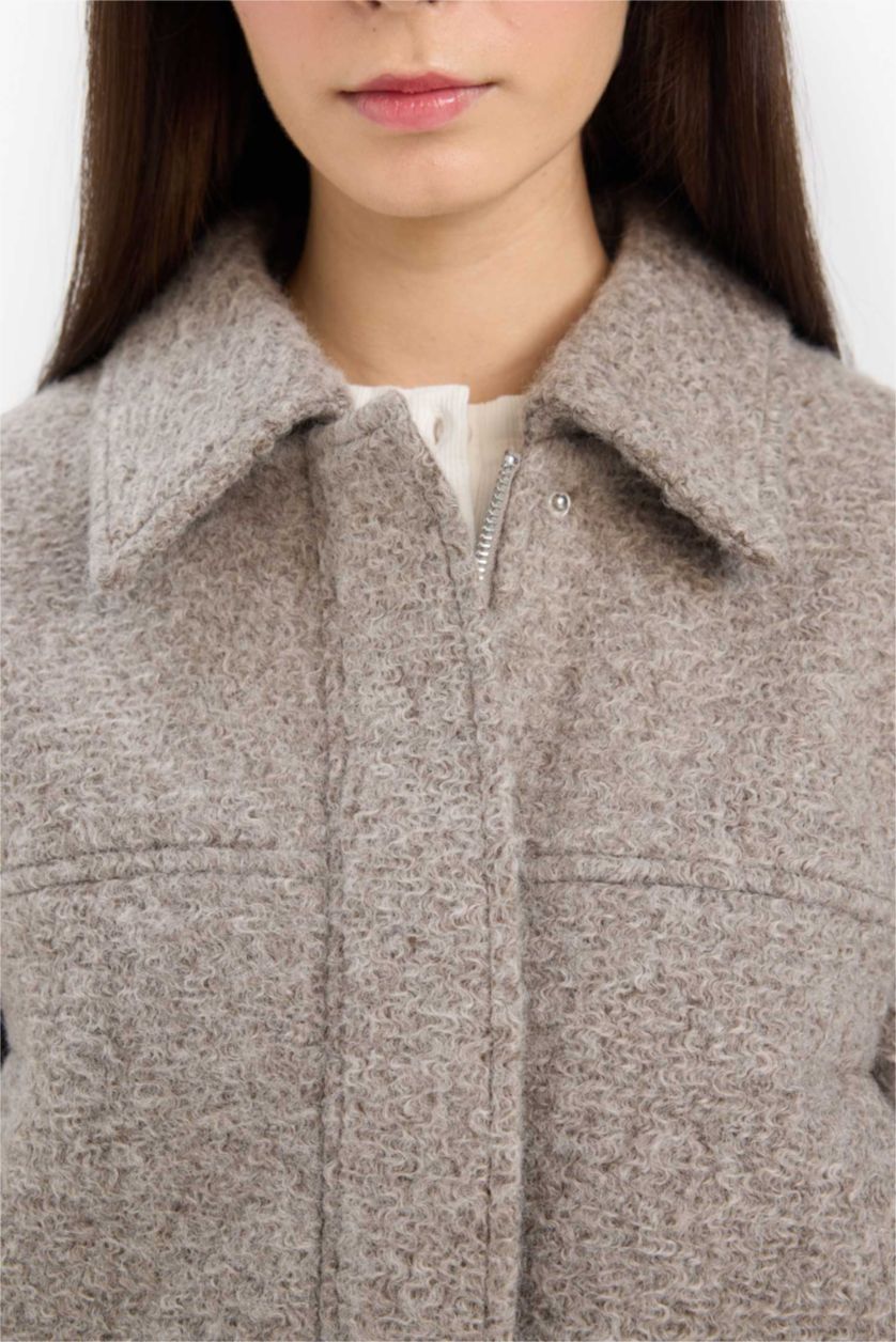 Kadın Gri Regular Fit Polo Yaka Kaşe Mont