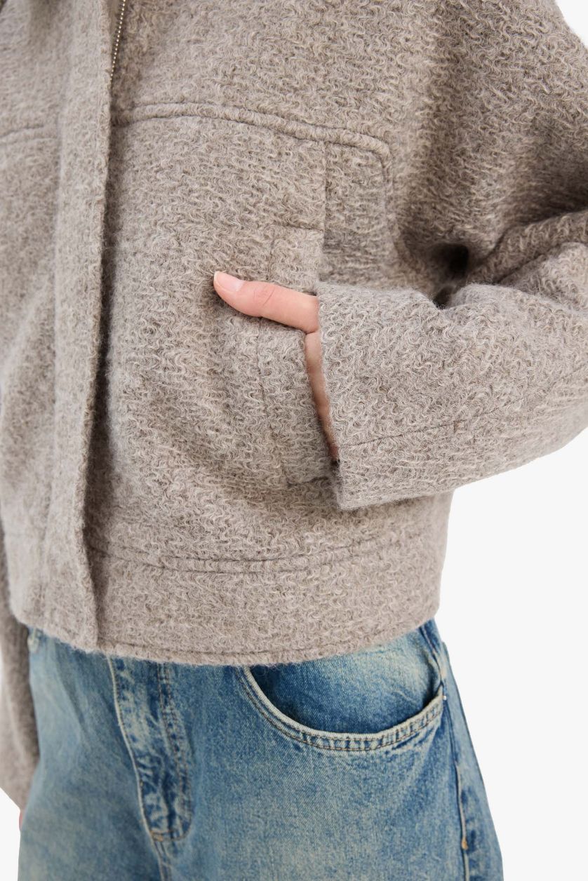 Kadın Gri Regular Fit Polo Yaka Kaşe Mont