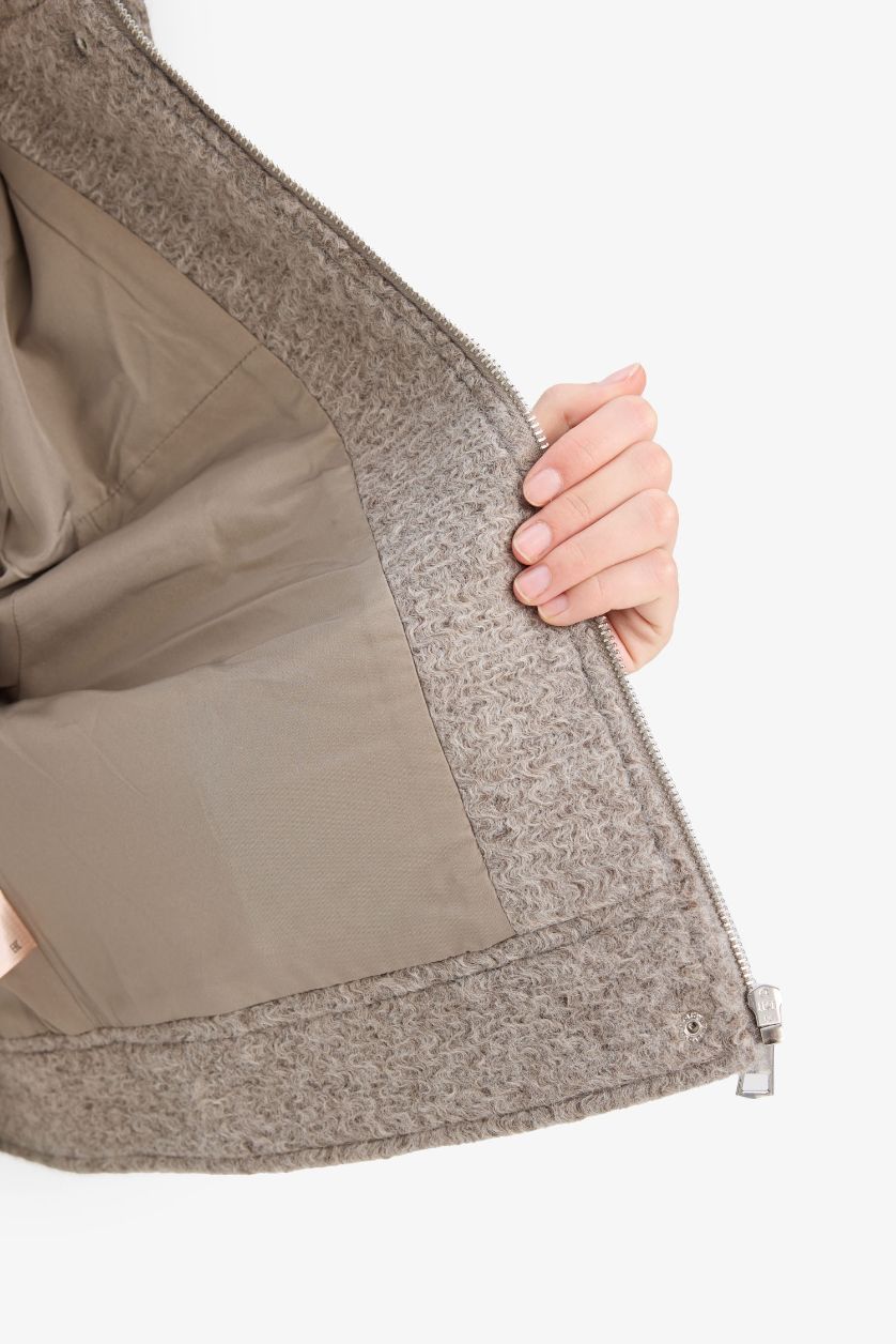 Kadın Gri Regular Fit Polo Yaka Kaşe Mont