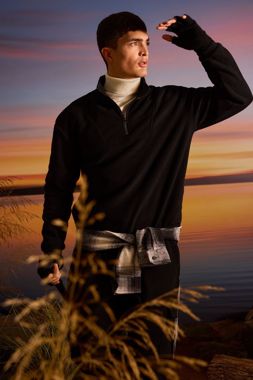 رجالي أسود سويت شيرت قطيفة اوفر سايز بياقة عالية