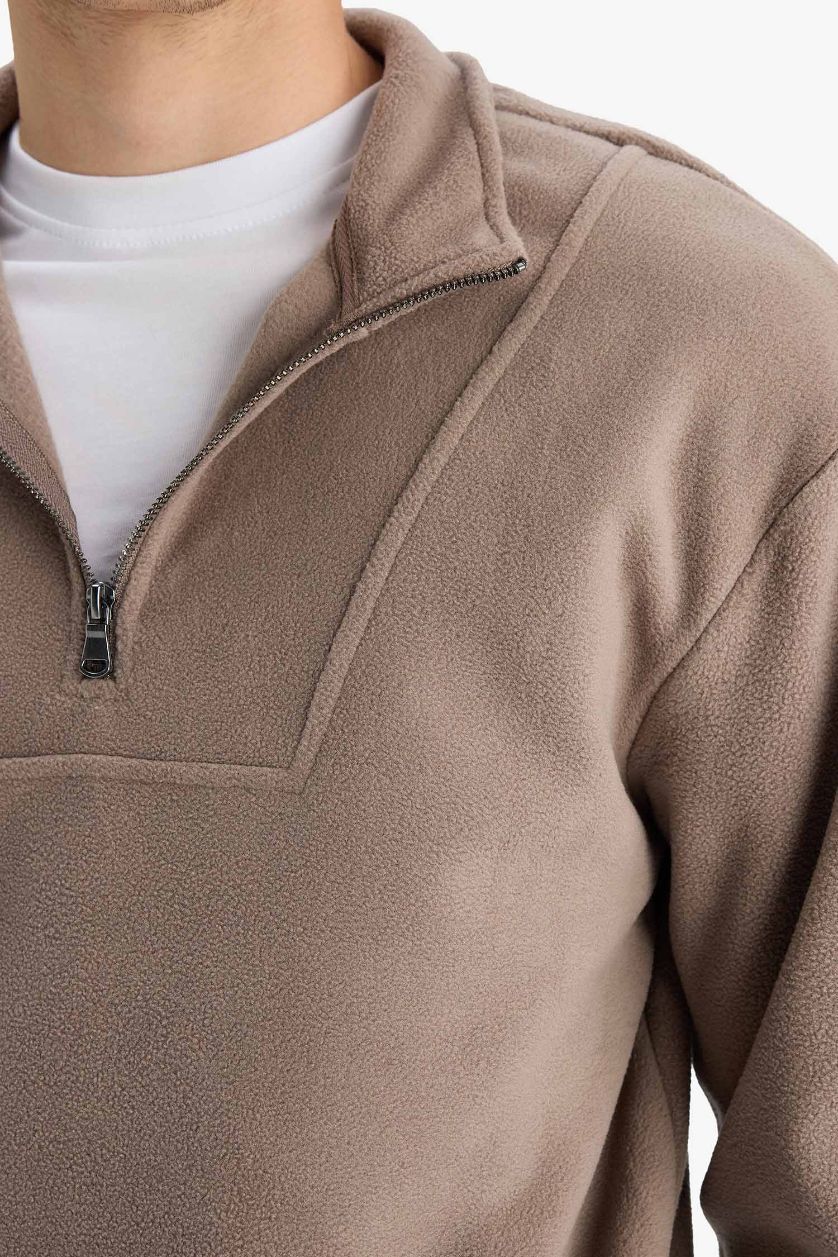 Erkek Açık Kahve Yarım Fermuarlı Polar Sweatshirt