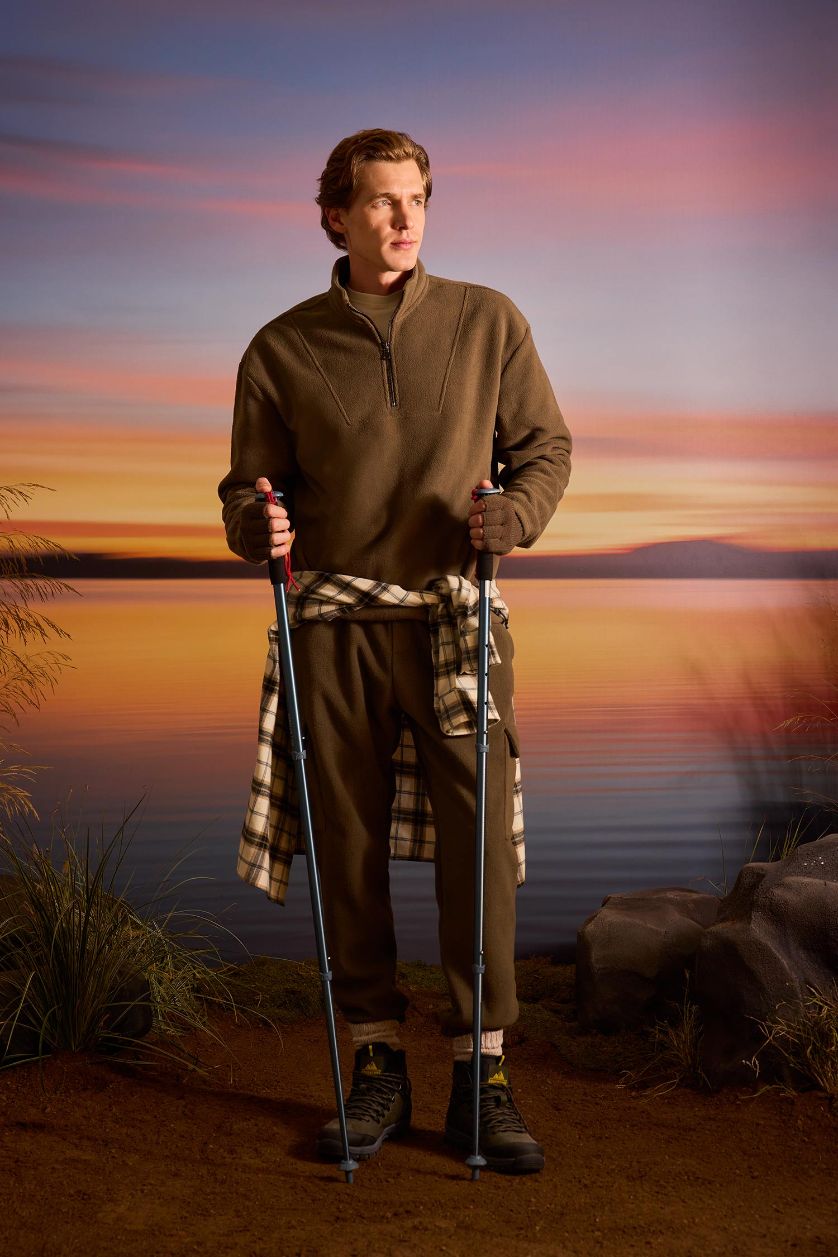 Erkek Haki Yarım Fermuarlı Polar Sweatshirt