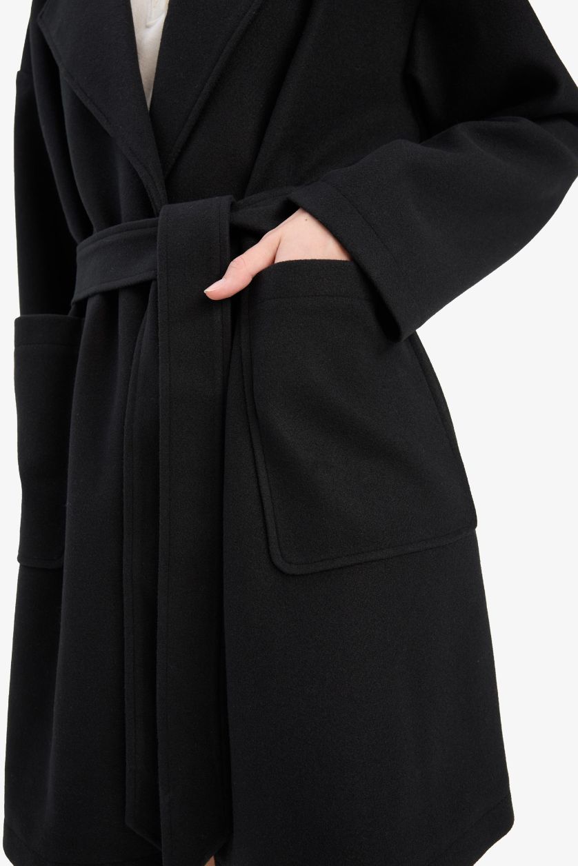 Kadın Siyah Regular Fit Kuşaklı Kaşe Kaban