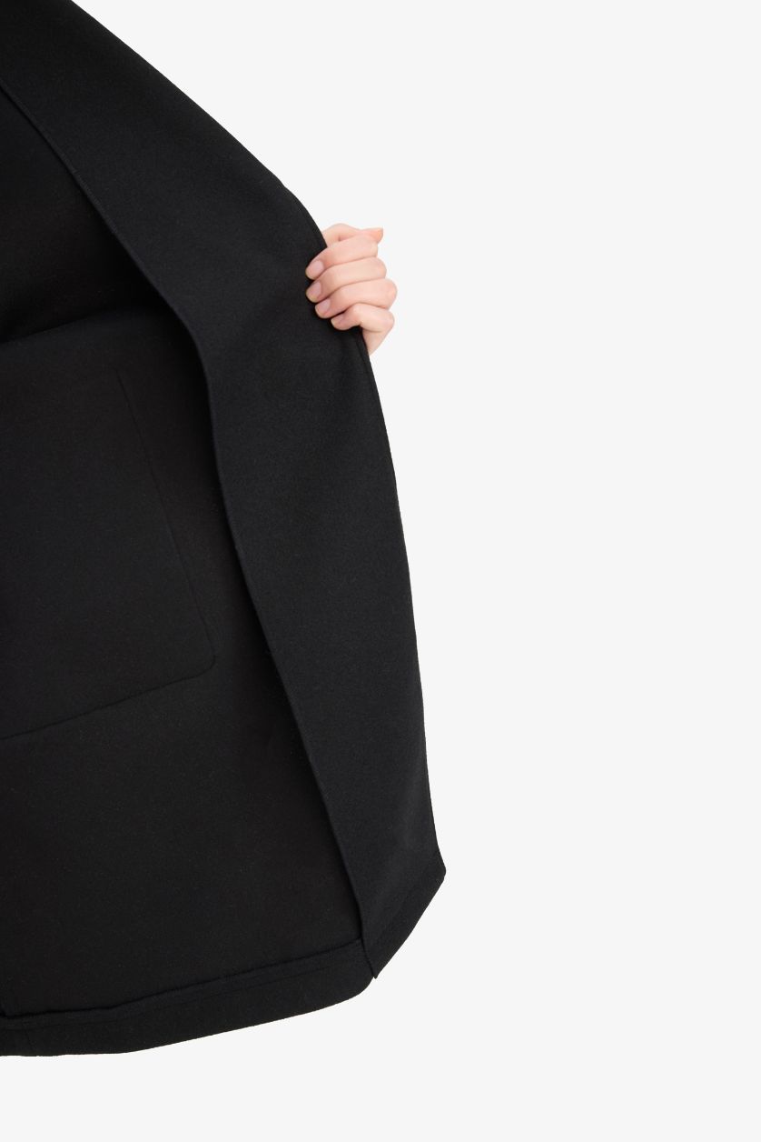 Kadın Siyah Regular Fit Kuşaklı Kaşe Kaban