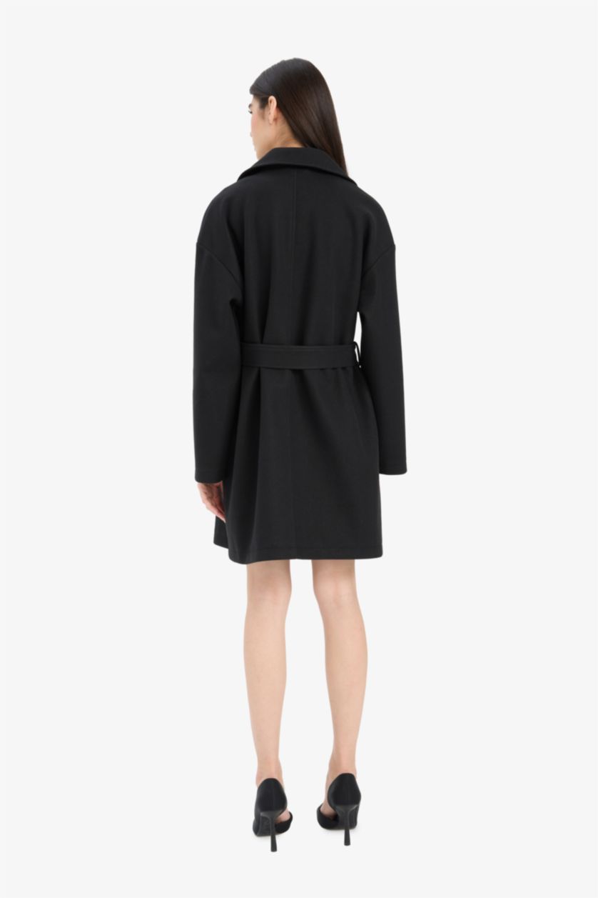 Kadın Siyah Regular Fit Kuşaklı Kaşe Kaban