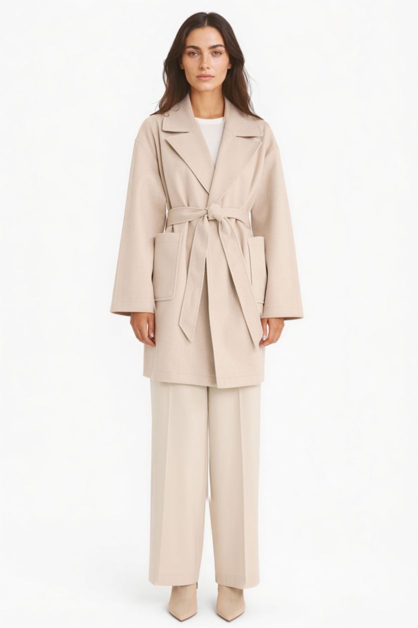 Kadın Ekru Regular Fit Kuşaklı Kaşe Kaban