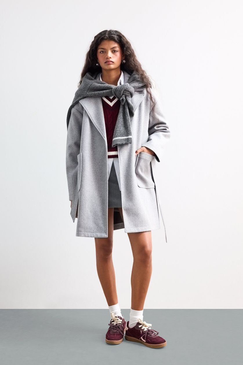 WOMAN Grey Regular Fit Belted Cashmere Coat