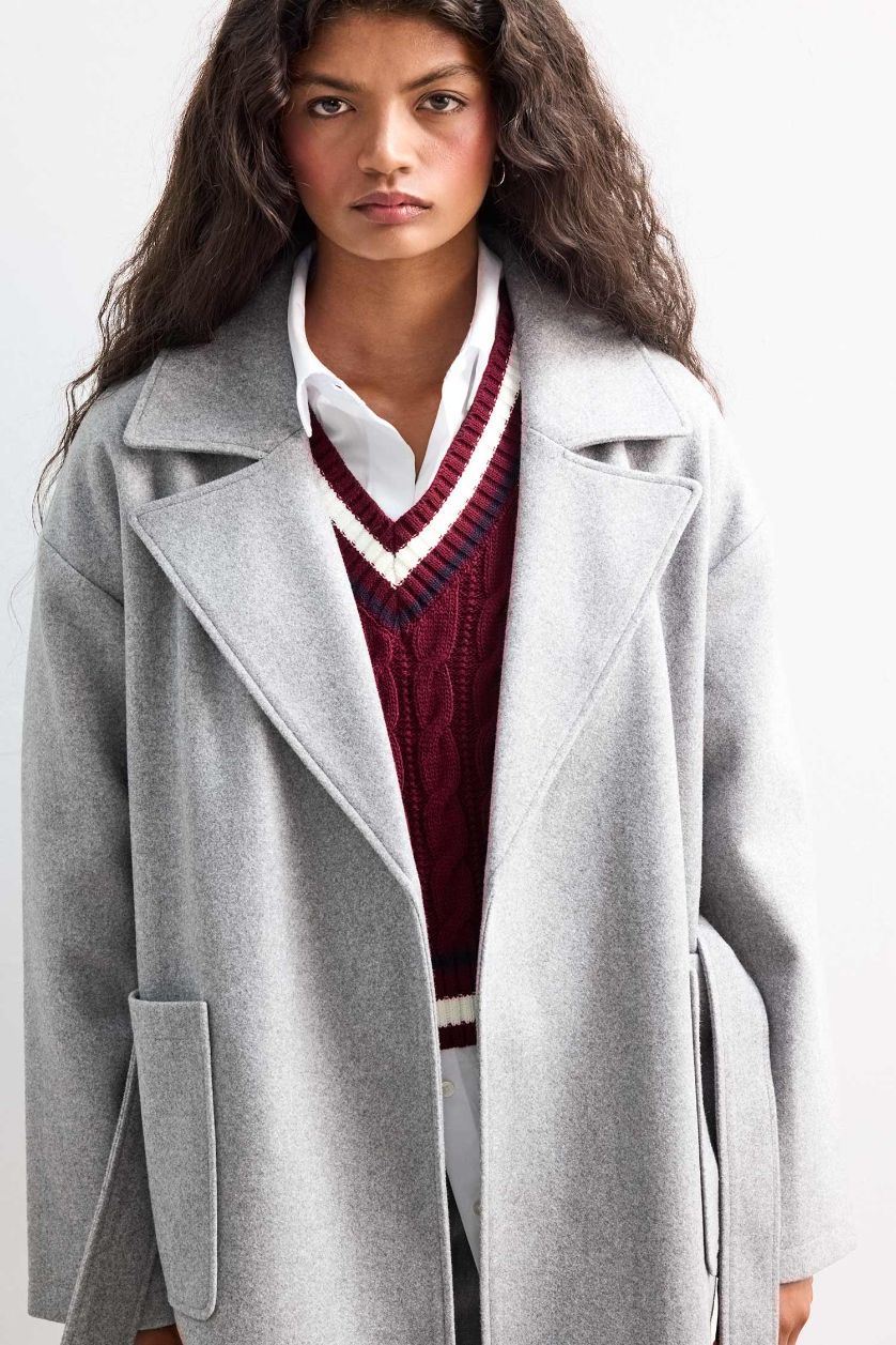WOMAN Grey Regular Fit Belted Cashmere Coat