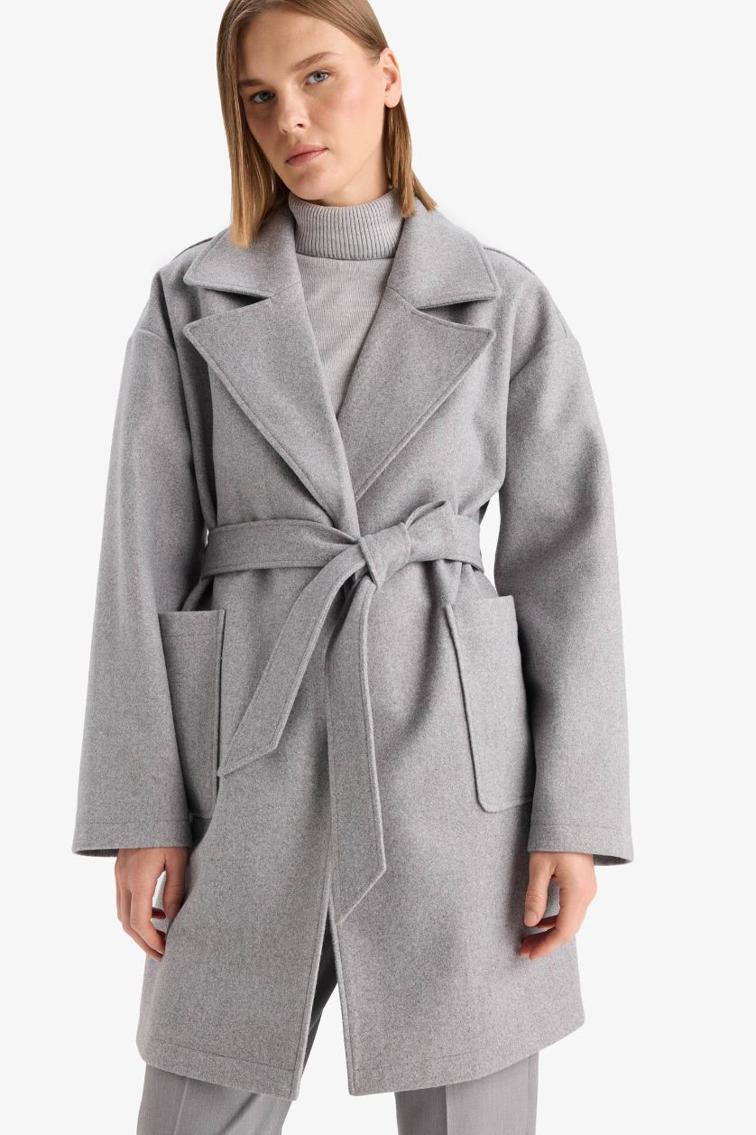 WOMAN Grey Regular Fit Belted Cashmere Coat