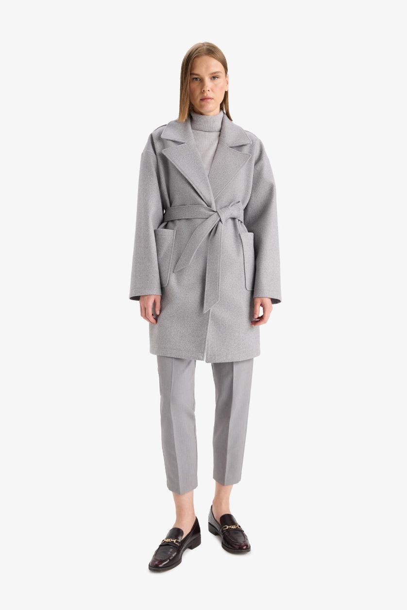 WOMAN Grey Regular Fit Belted Cashmere Coat