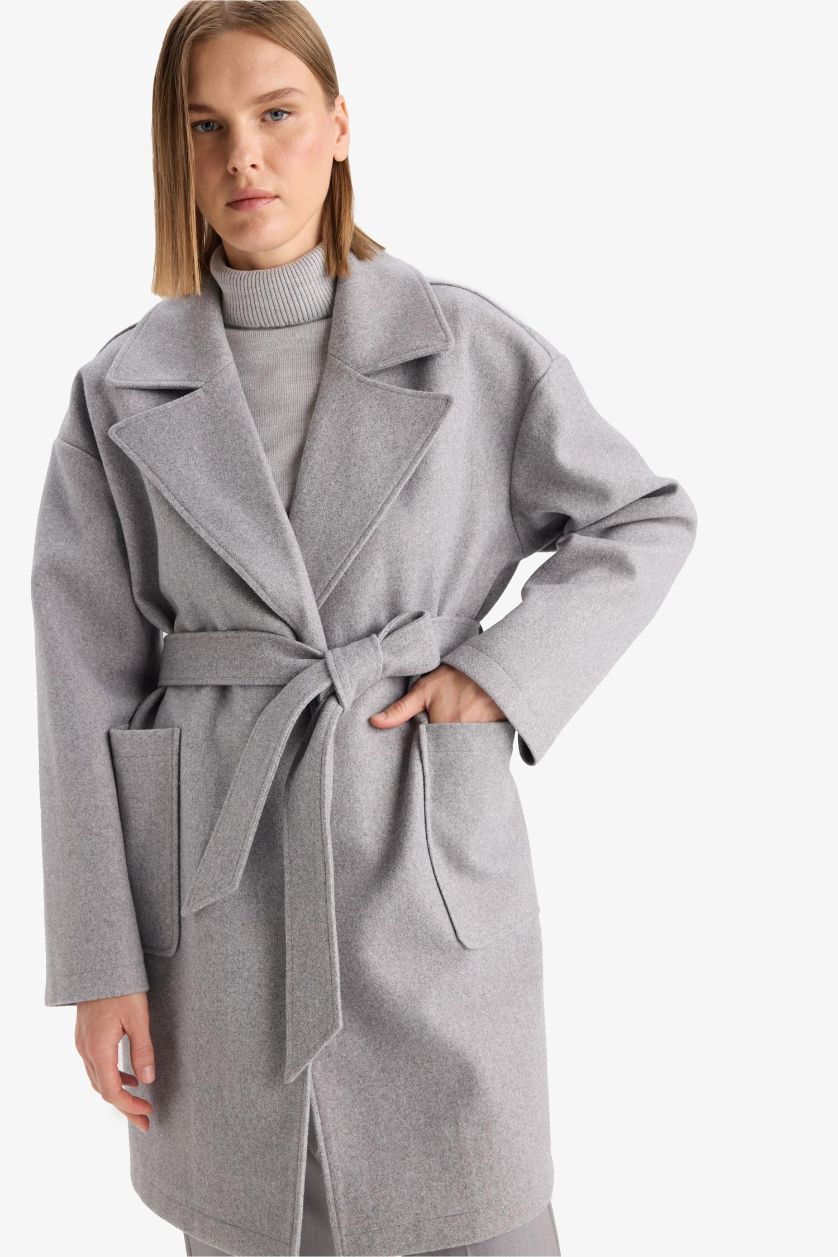 WOMAN Grey Regular Fit Belted Cashmere Coat