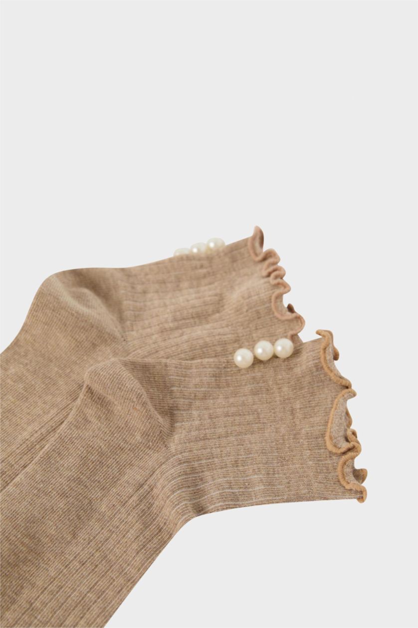 Kadın Koyu Kahve Kadın Dikişsiz İnci Detaylı Fırfırlı Penye Pamuklu Premium Soket Çorap