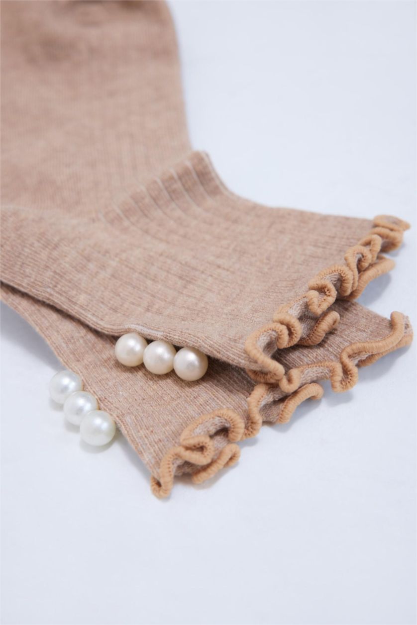 Kadın Koyu Kahve Kadın Dikişsiz İnci Detaylı Fırfırlı Penye Pamuklu Premium Soket Çorap