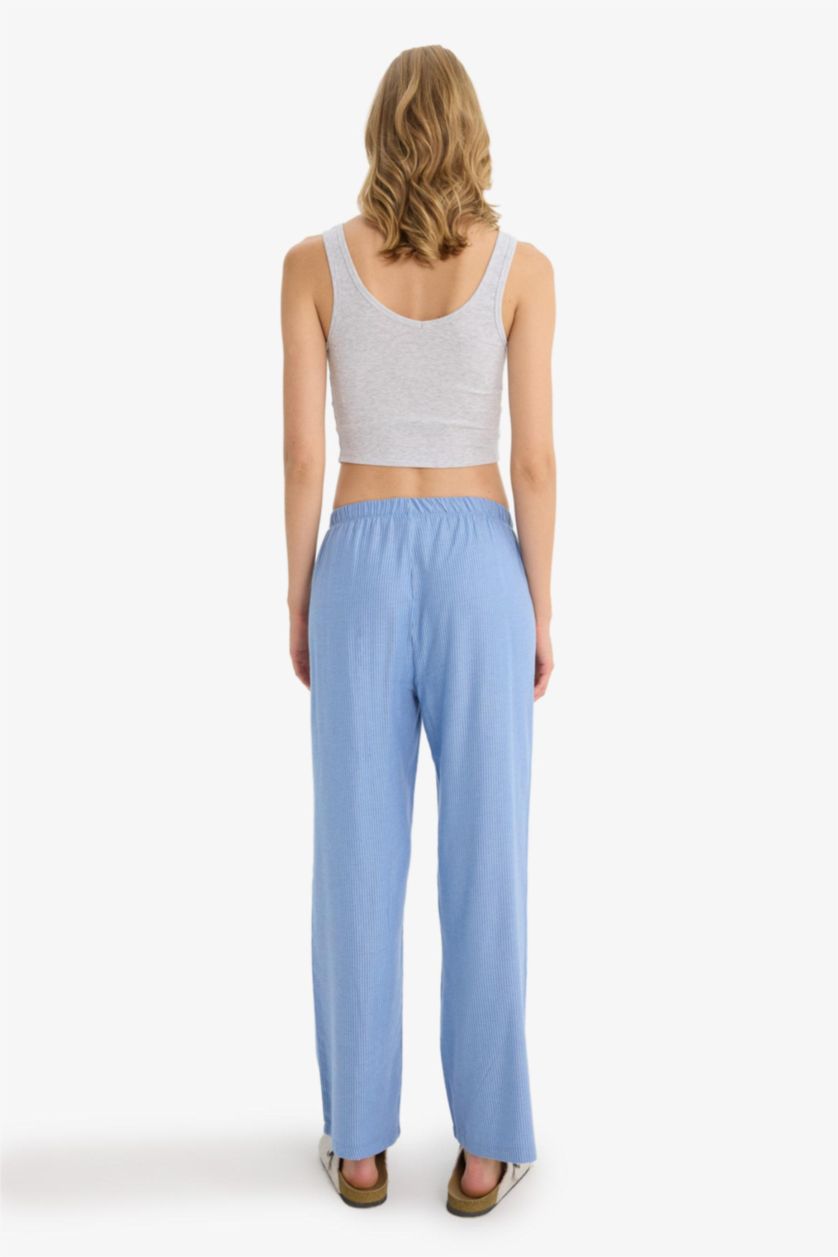 Kadın Mavi Regular Fit Uzun Boy Flanel Çizgili Pijama Altı