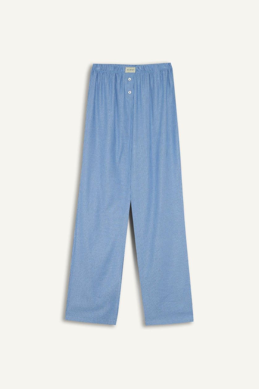 Kadın Mavi Regular Fit Uzun Boy Flanel Çizgili Pijama Altı