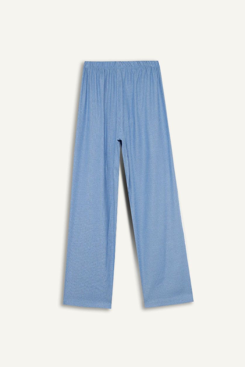 Kadın Mavi Regular Fit Uzun Boy Flanel Çizgili Pijama Altı