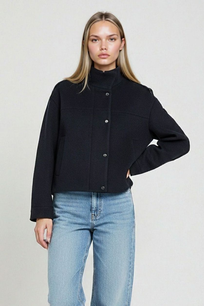 Kadın Lacivert Regular Fit Kaşe Düğmeli Kısa Kaban