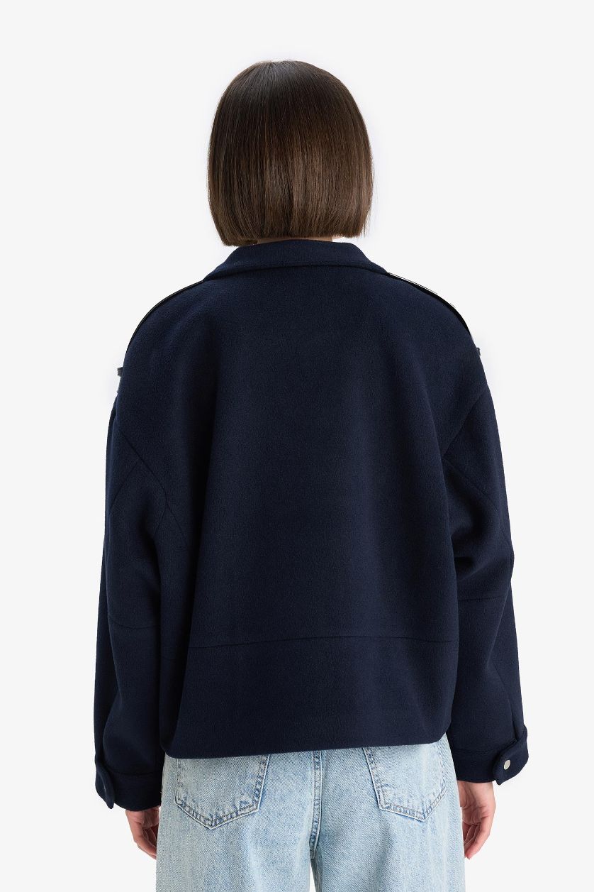 Kadın Lacivert Regular Fit Kaşe Düğmeli Kısa Kaban