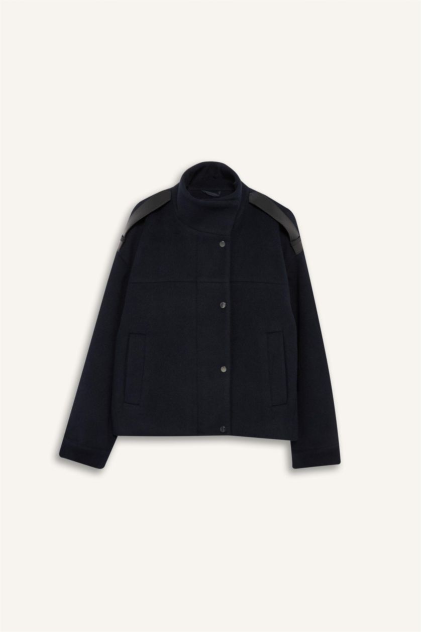 Kadın Lacivert Regular Fit Kaşe Düğmeli Kısa Kaban