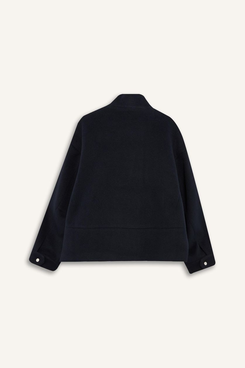 Kadın Lacivert Regular Fit Kaşe Düğmeli Kısa Kaban