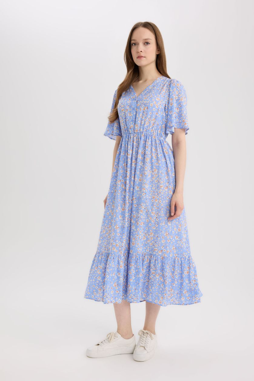 WOMAN Light Blue Regular Fit V-Neck Short Sleeve Midi Dress