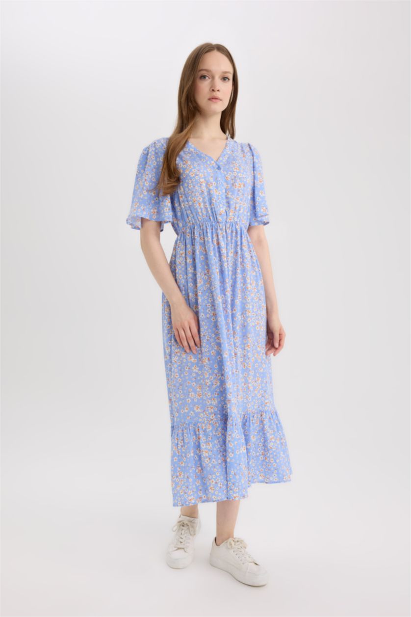 WOMAN Light Blue Regular Fit V-Neck Short Sleeve Midi Dress