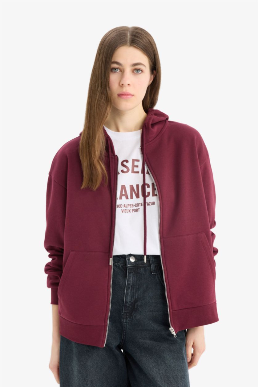 FEMME Bordeaux Sweat à capuche à fermeture zip Coupe décontractée