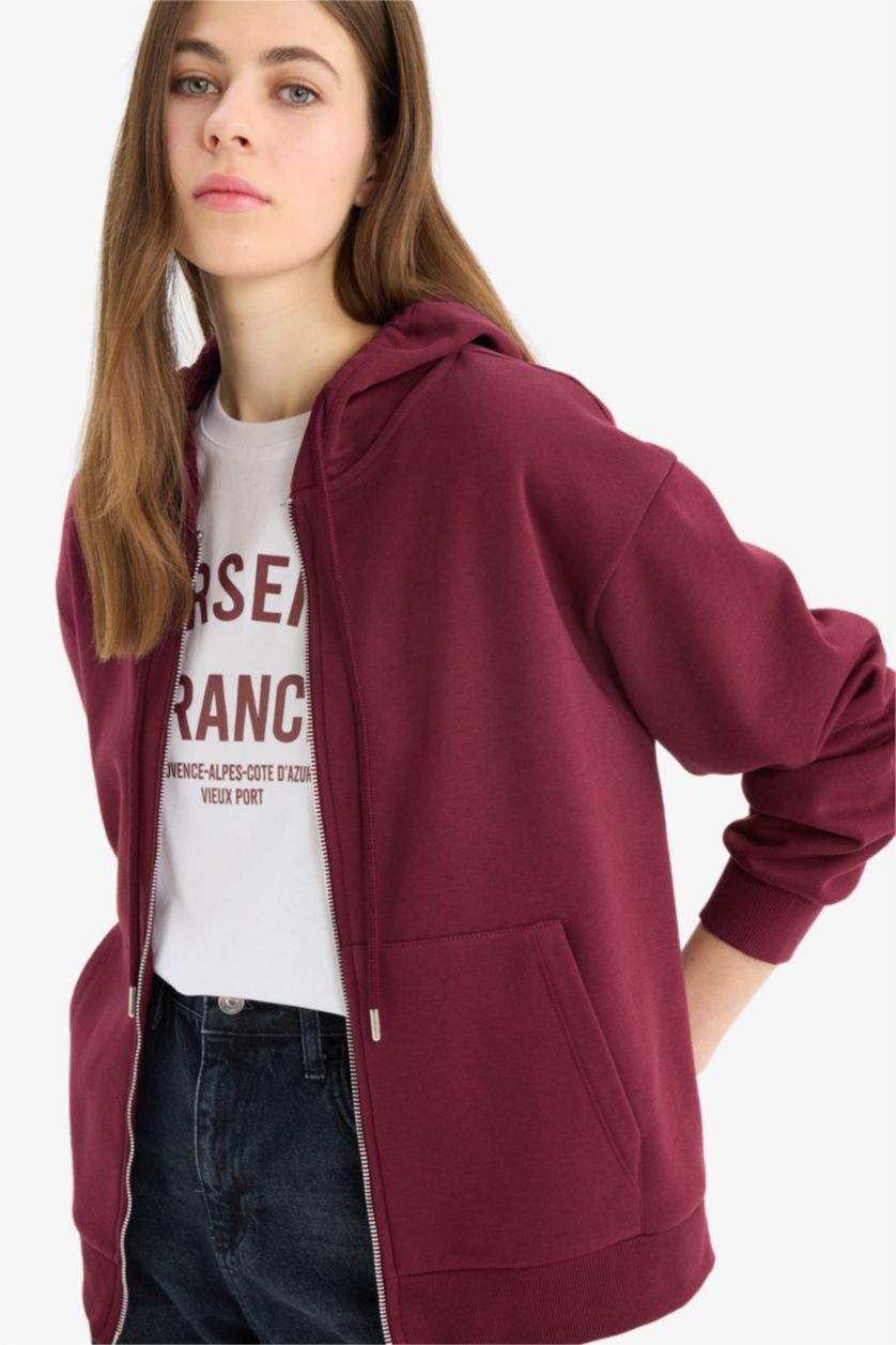 FEMME Bordeaux Sweat à capuche à fermeture zip Coupe décontractée