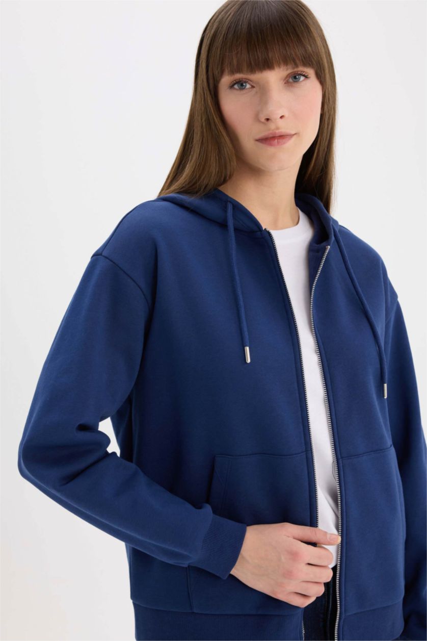 Kadın Lacivert Relax Fit Kapüşonlu Basic Düz Kalın Fermuarlı Sweatshirt