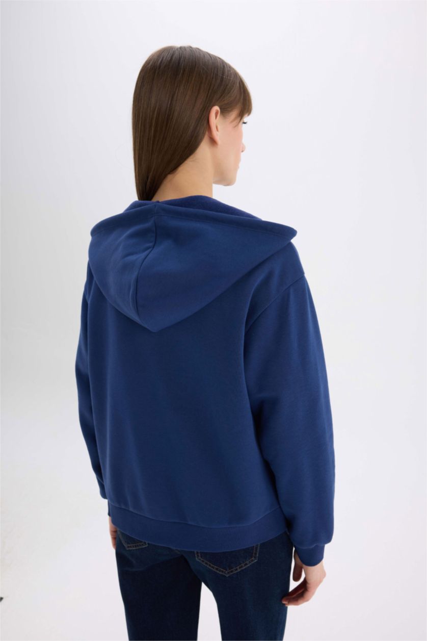 Kadın Lacivert Relax Fit Kapüşonlu Basic Düz Kalın Fermuarlı Sweatshirt
