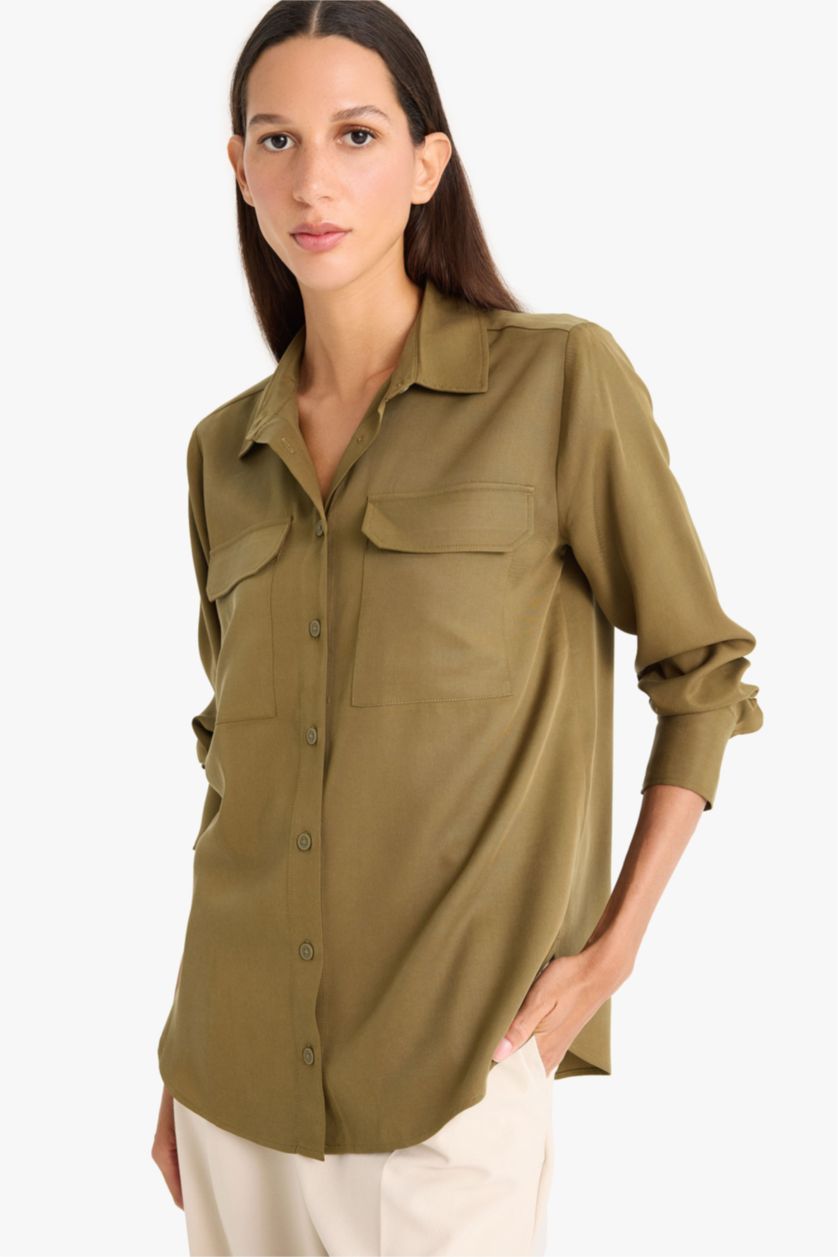 WOMAN Brown Regular Fit Shirt Collar Sensual Long Sleeve Shirt