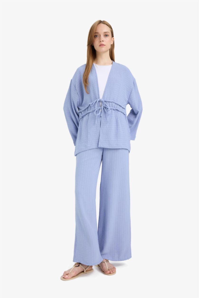 WOMAN Light Blue Relax Fit Twill Crew Neck Long Sleeve Tunic