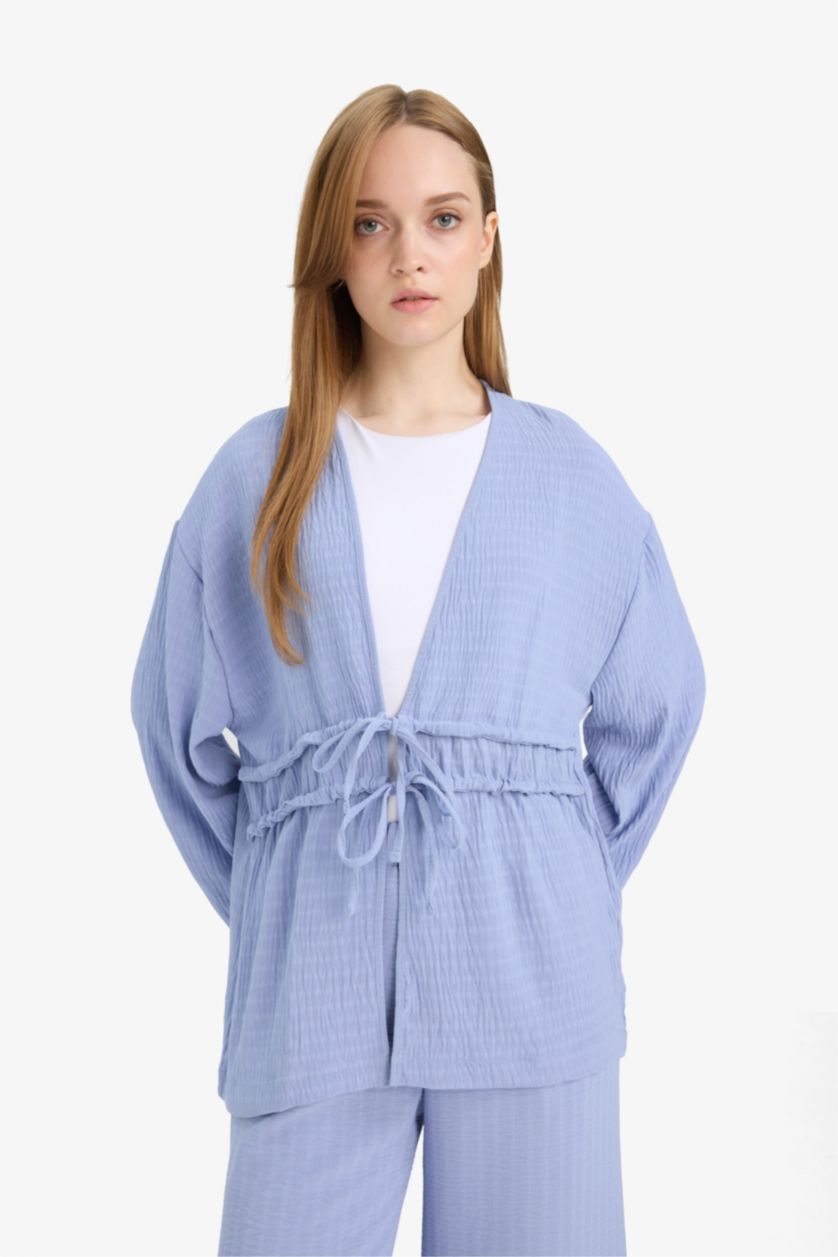 WOMAN Light Blue Relax Fit Twill Crew Neck Long Sleeve Tunic