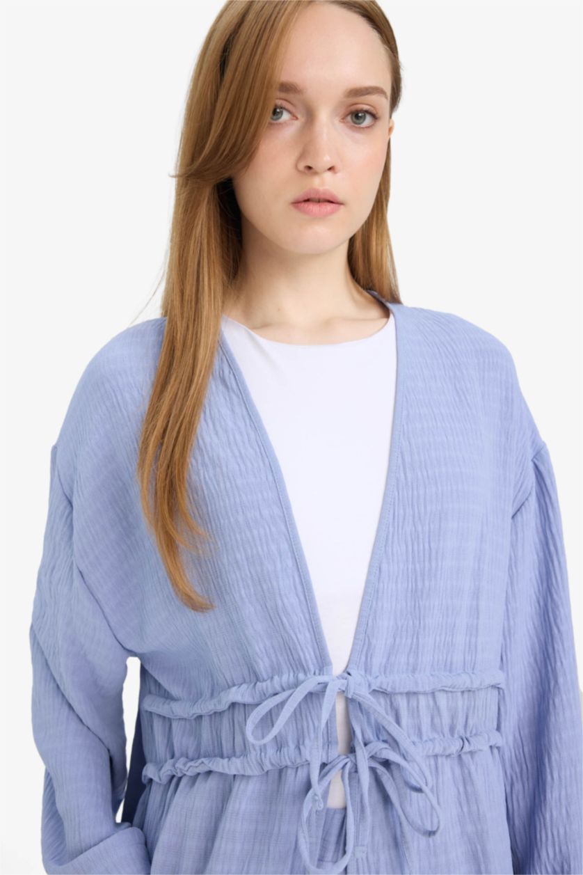 WOMAN Light Blue Relax Fit Twill Crew Neck Long Sleeve Tunic