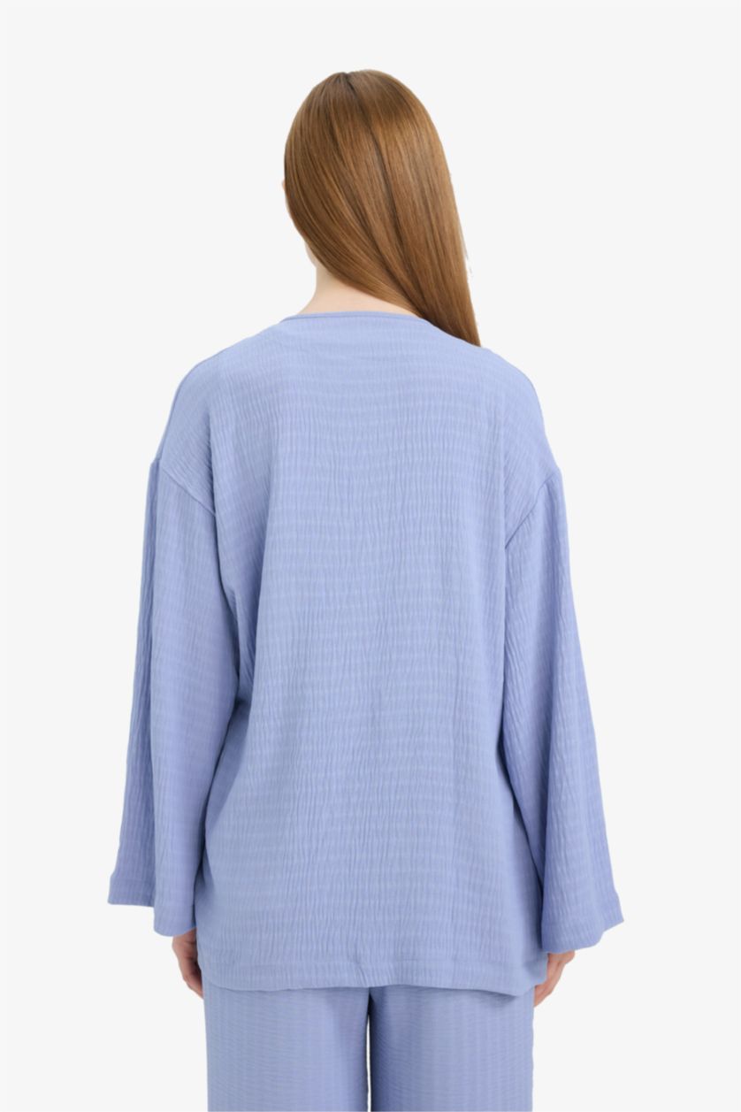 WOMAN Light Blue Relax Fit Twill Crew Neck Long Sleeve Tunic