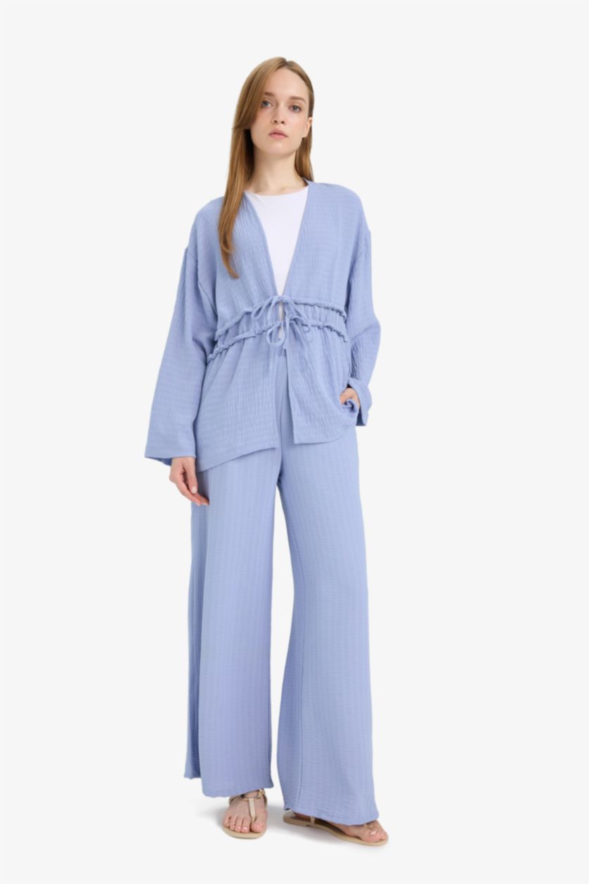 حريمي أزرق فاتح بنطلون جاكار وايد ليج برجل واسع بجيب