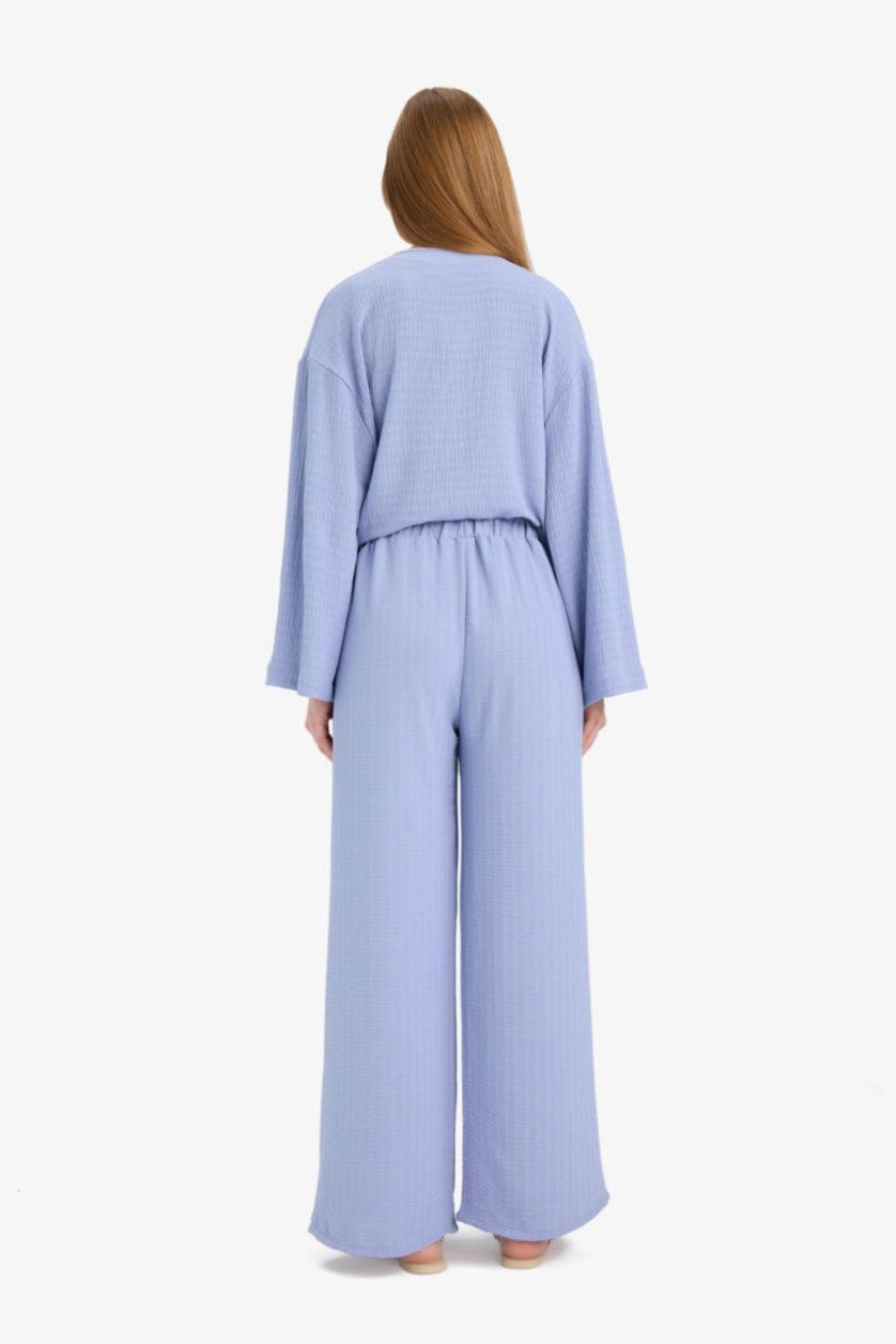 حريمي أزرق فاتح بنطلون جاكار وايد ليج برجل واسع بجيب