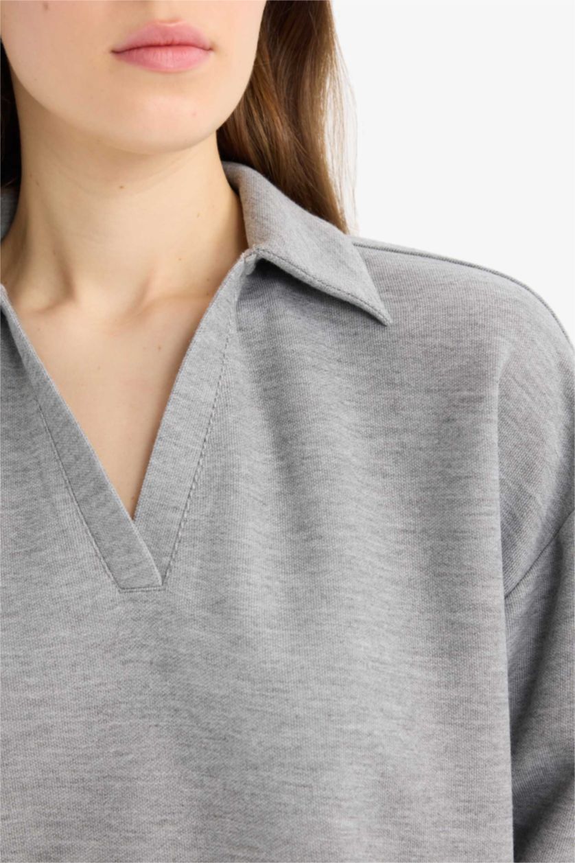 نساء ميلانج رمادي Relax Fit Polo Neck Basic Long Sleeve T-Shirt