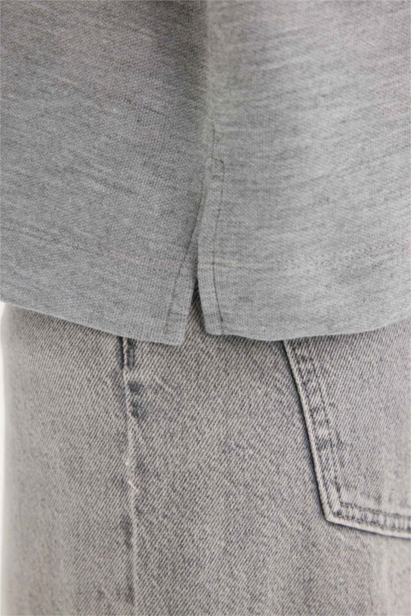 نساء ميلانج رمادي Relax Fit Polo Neck Basic Long Sleeve T-Shirt