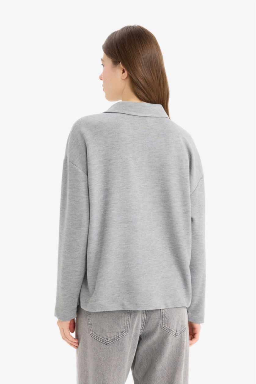نساء ميلانج رمادي Relax Fit Polo Neck Basic Long Sleeve T-Shirt