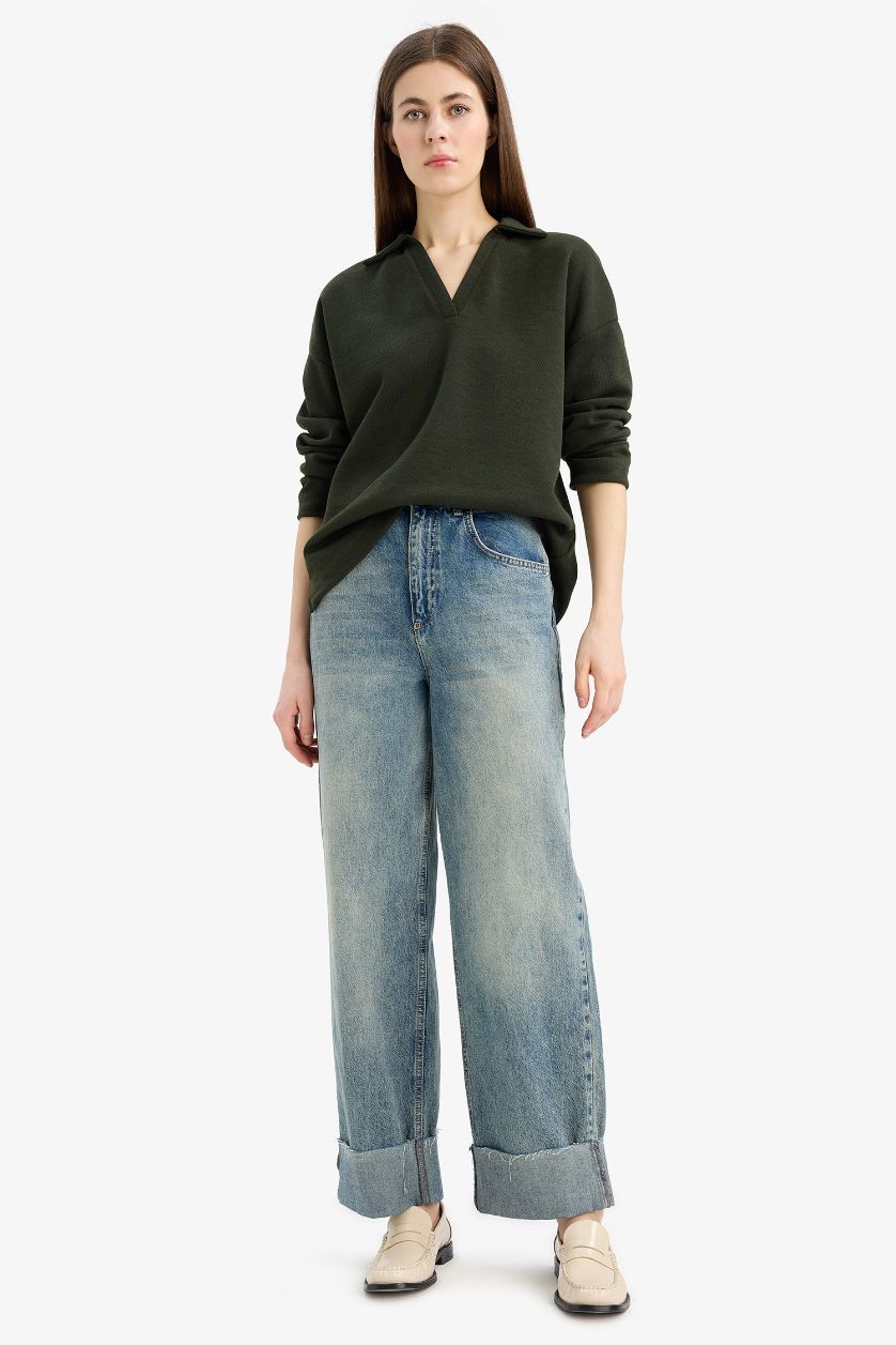 Әйелдерге хаки Базовая футболка свободного кроя с круглым вырезом и длинным рукавом