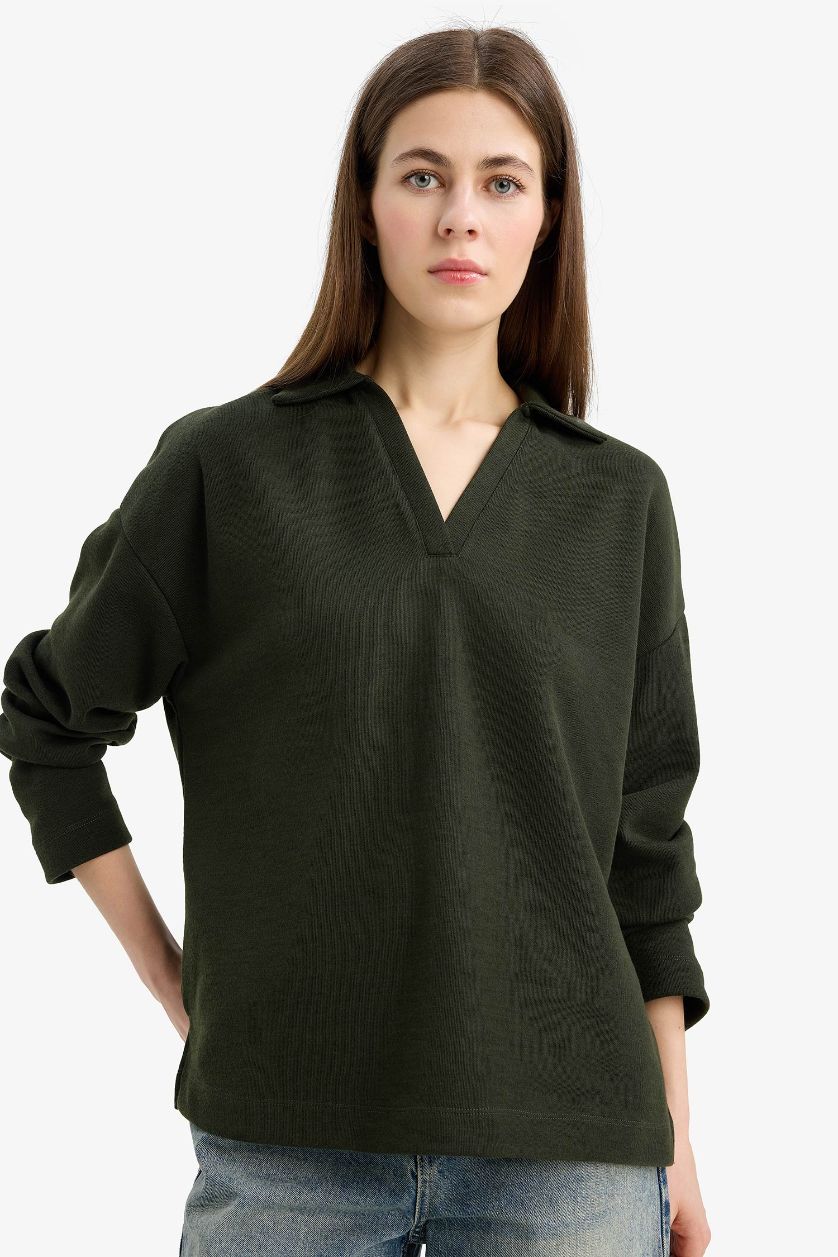 Әйелдерге хаки Базовая футболка свободного кроя с круглым вырезом и длинным рукавом