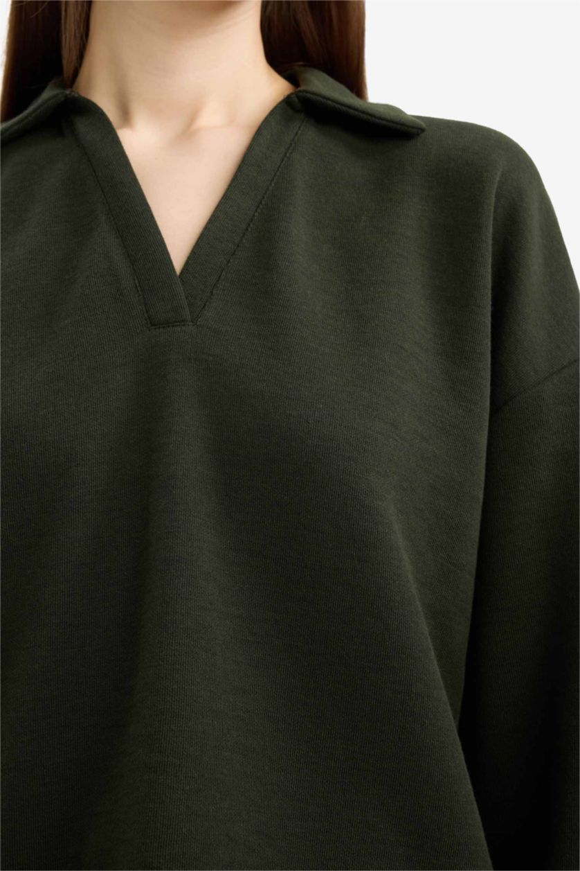 Әйелдерге хаки Базовая футболка свободного кроя с круглым вырезом и длинным рукавом