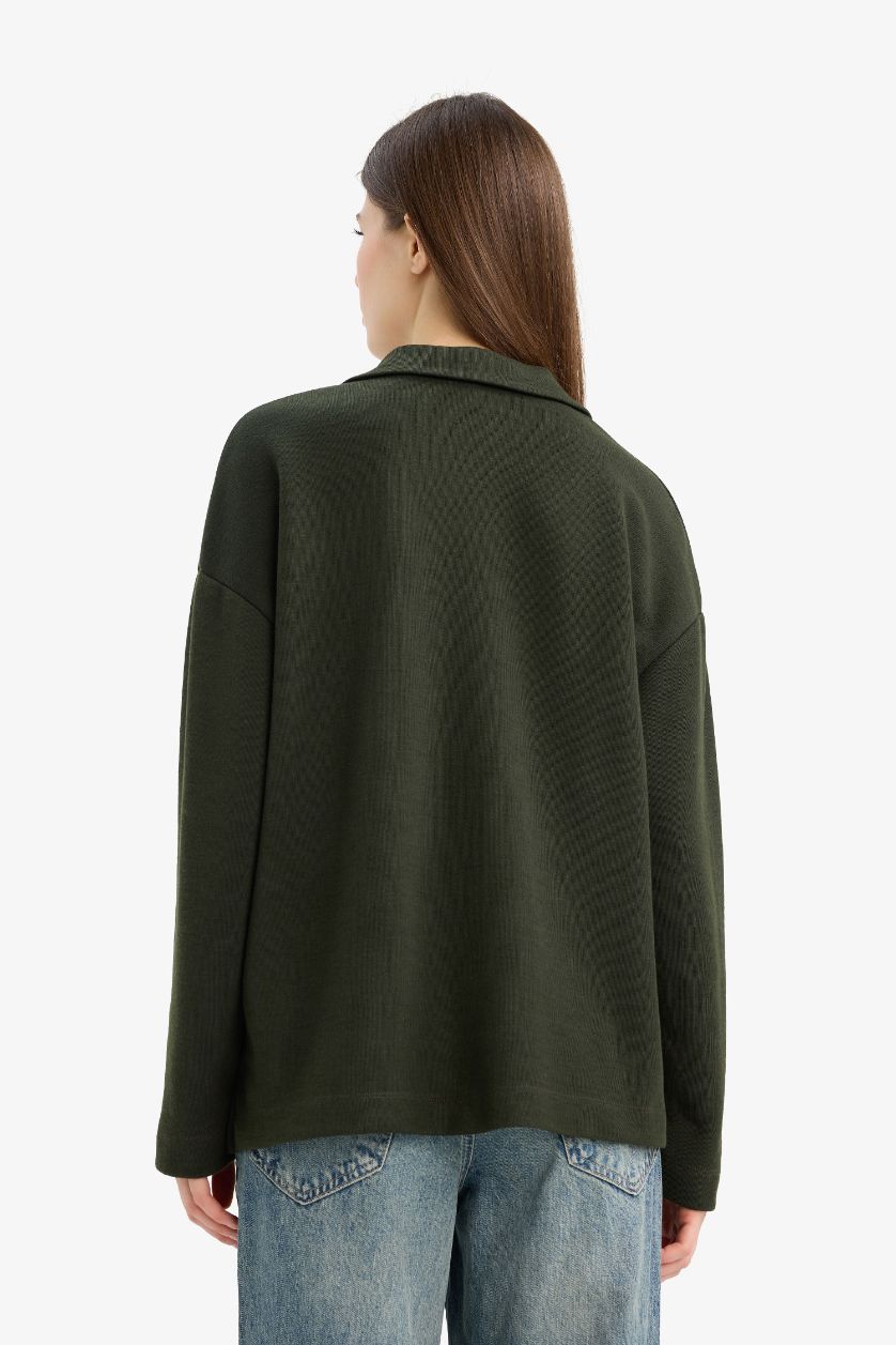 Әйелдерге хаки Базовая футболка свободного кроя с круглым вырезом и длинным рукавом