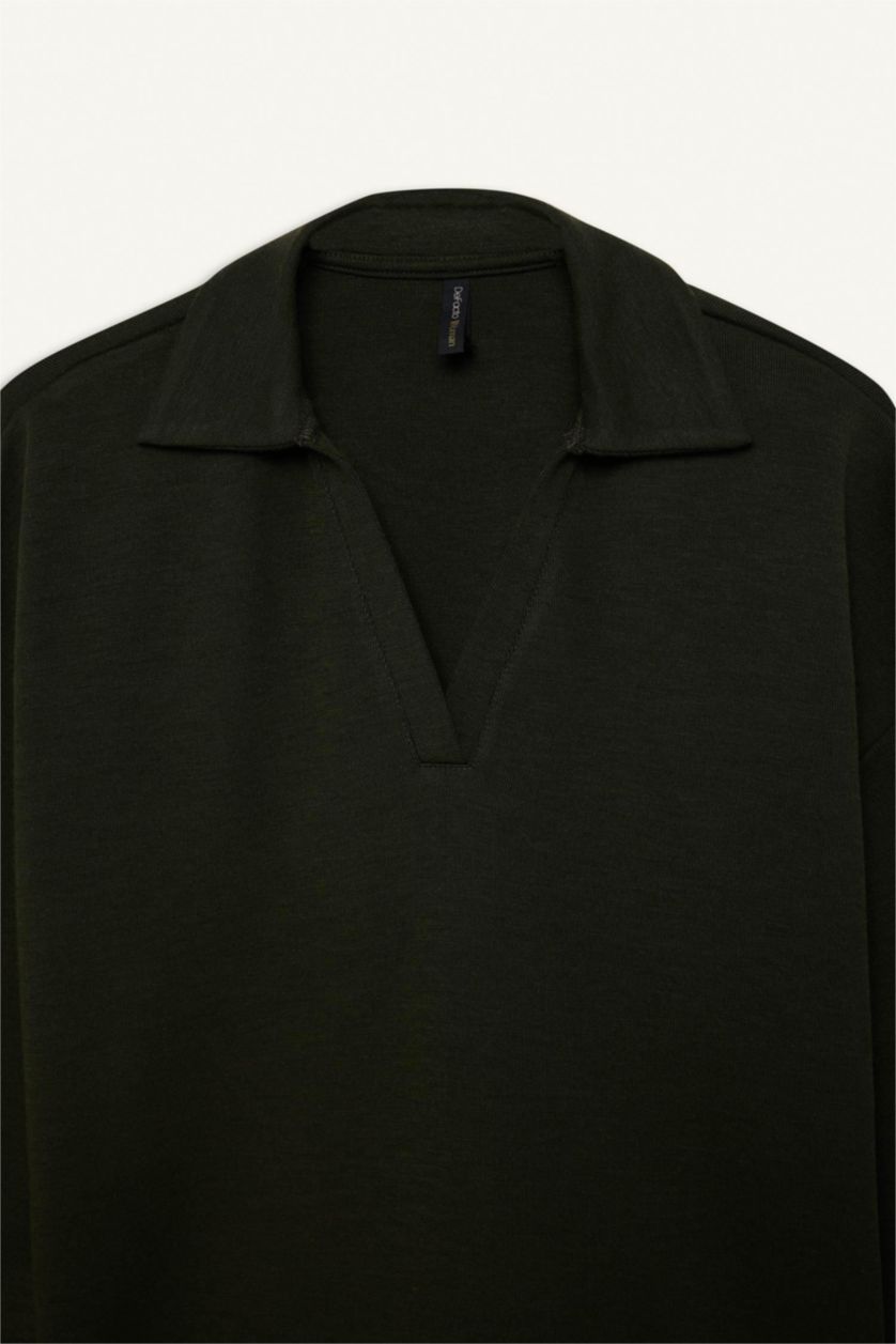 Әйелдерге хаки Базовая футболка свободного кроя с круглым вырезом и длинным рукавом