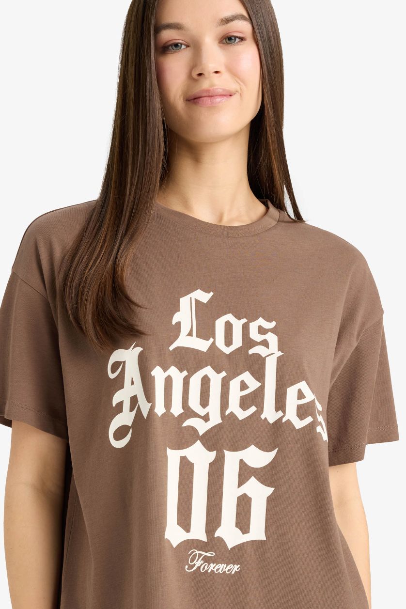 WOMAN Brown Oversize Fit Crew Neck Printed Short Sleeve T-Shirt