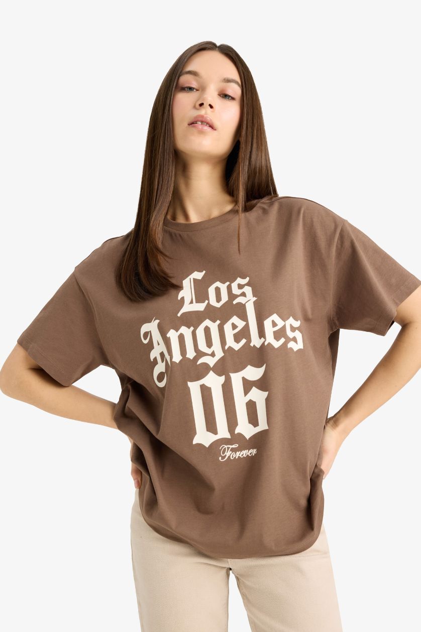 WOMAN Brown Oversize Fit Crew Neck Printed Short Sleeve T-Shirt