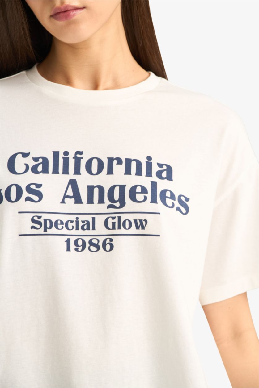 Женщины Кремовый Футболка оверсайз с круглым вырезом принтом и коротким рукавом