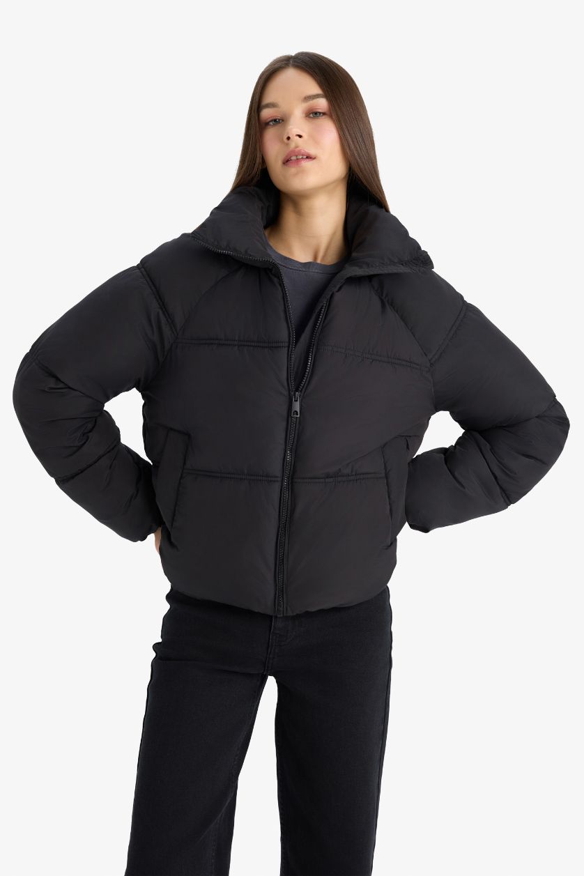 FEMME Noir Doudoune imperméable zippée à col montant Coupe régulière